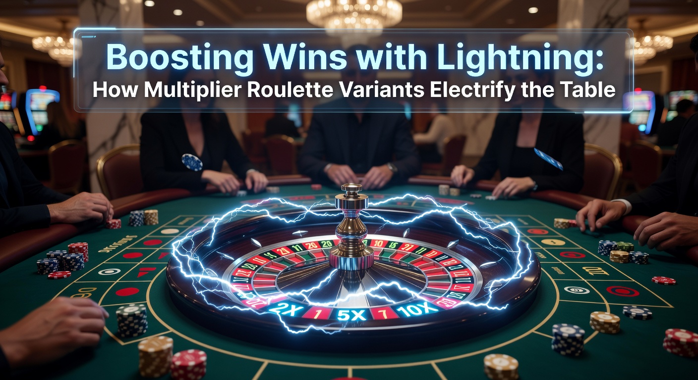 Dynamic roulette wheel with lightning bolt multipliers striking selected numbers, capturing the high-energy thrill of multiplier variants