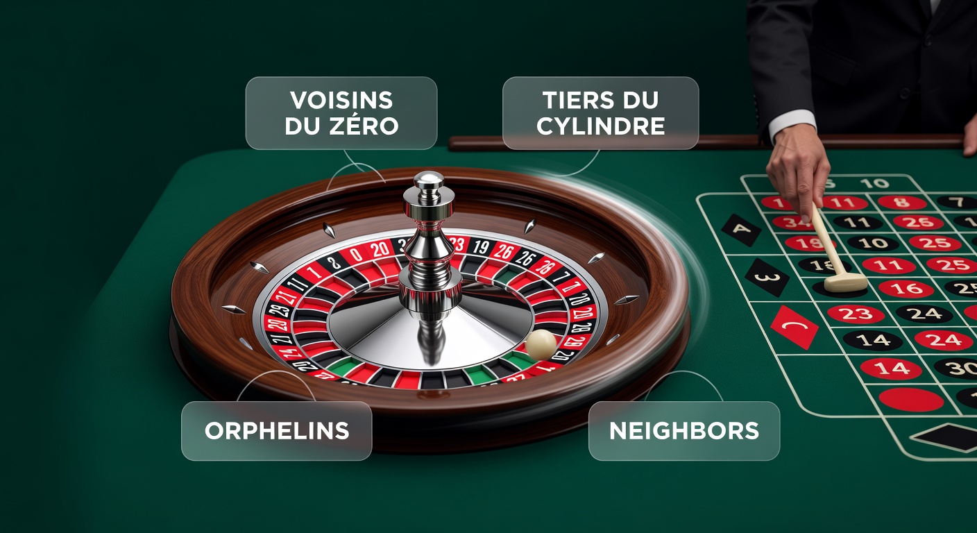Close-up of roulette racetrack layout with Tiers du Cylindre and Orphelins sectors marked in red, chips positioned by dealer hand