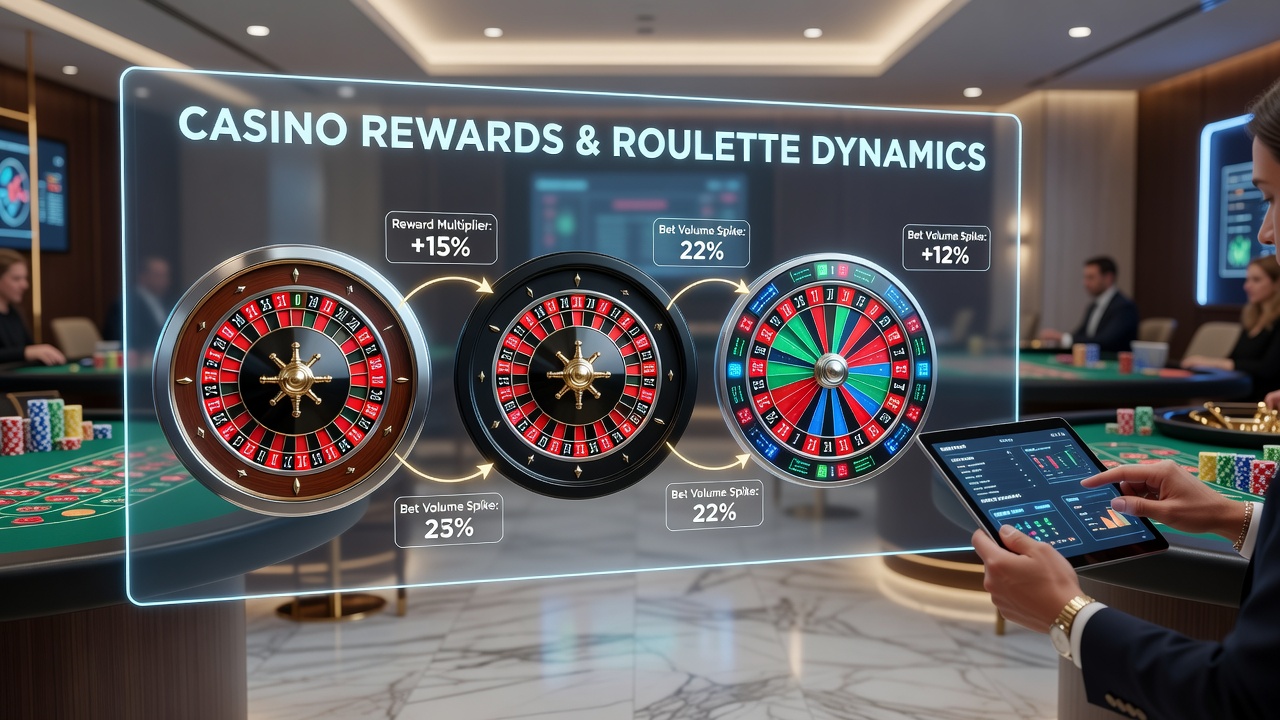 Casino rewards programs displayed alongside various roulette wheel designs including European, American, and French variants