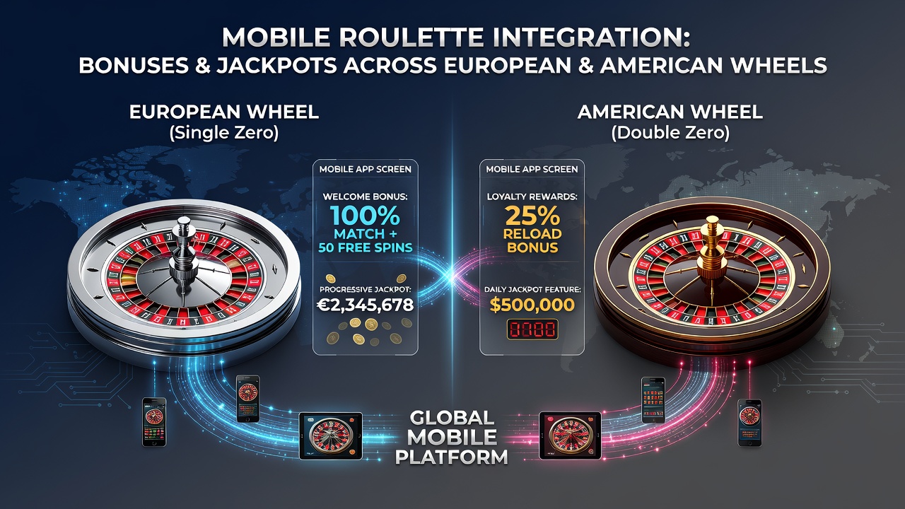 Split view of American and European roulette wheels with overlaid jackpot progress indicators in a mobile app