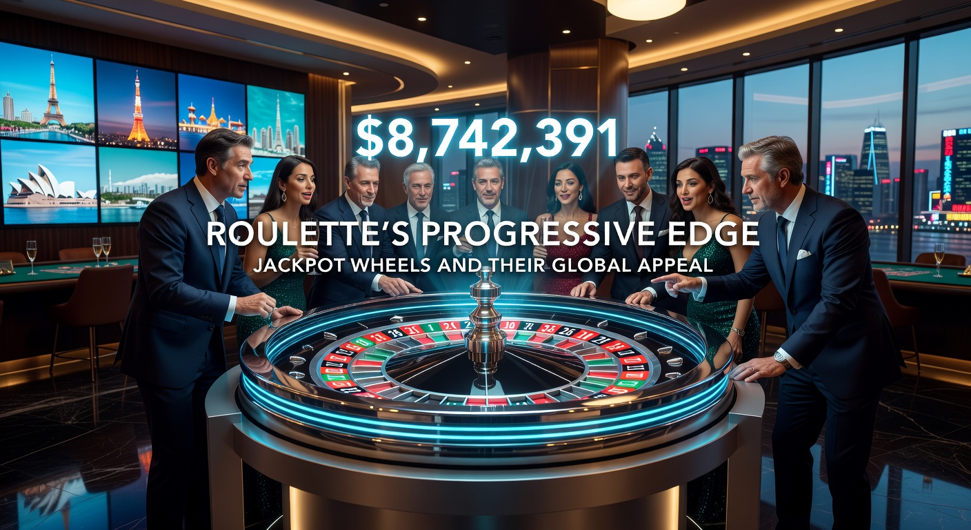 Vibrant roulette wheel with glowing progressive jackpot display in a bustling casino, highlighting the excitement of jackpot wheels