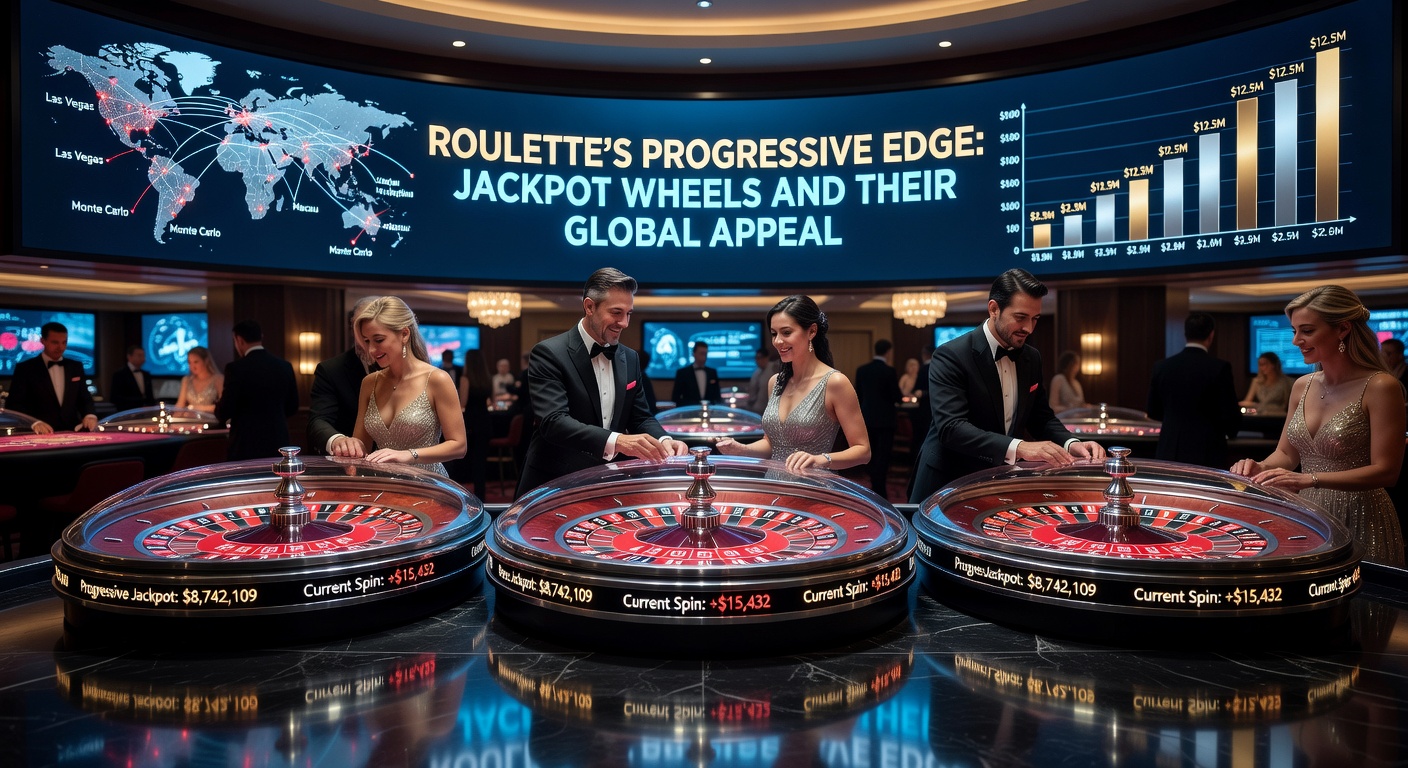 International casino scene with diverse players celebrating a progressive jackpot win on a digital roulette wheel, showcasing global excitement