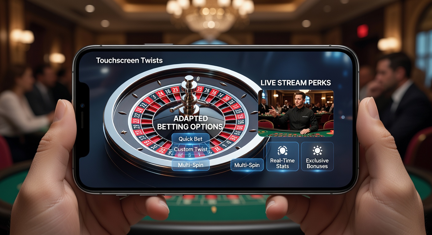 Illustration of a live roulette stream on a tablet with multi-angle camera feeds, chat bubbles, and touchscreen bet confirmations overlayed on a spinning wheel