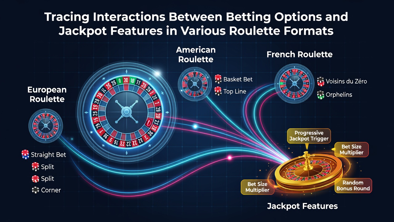Roulette wheel with betting layout showing various wager options and jackpot indicators