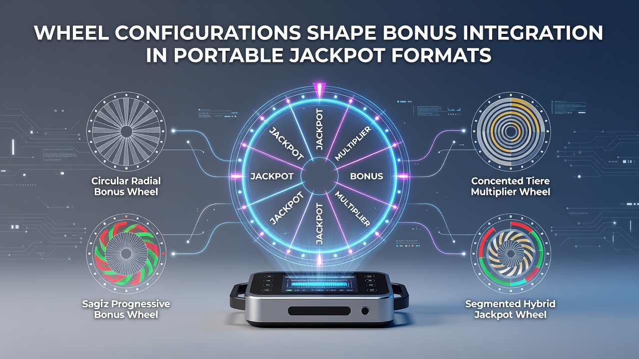 Technical diagram showing various wheel configurations used in portable jackpot gaming systems